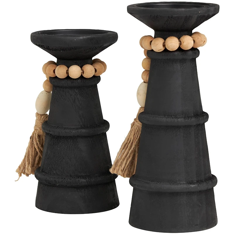 Black Wood Handmade Textured Matte Candle Holder with Beaded Garland Accent Set