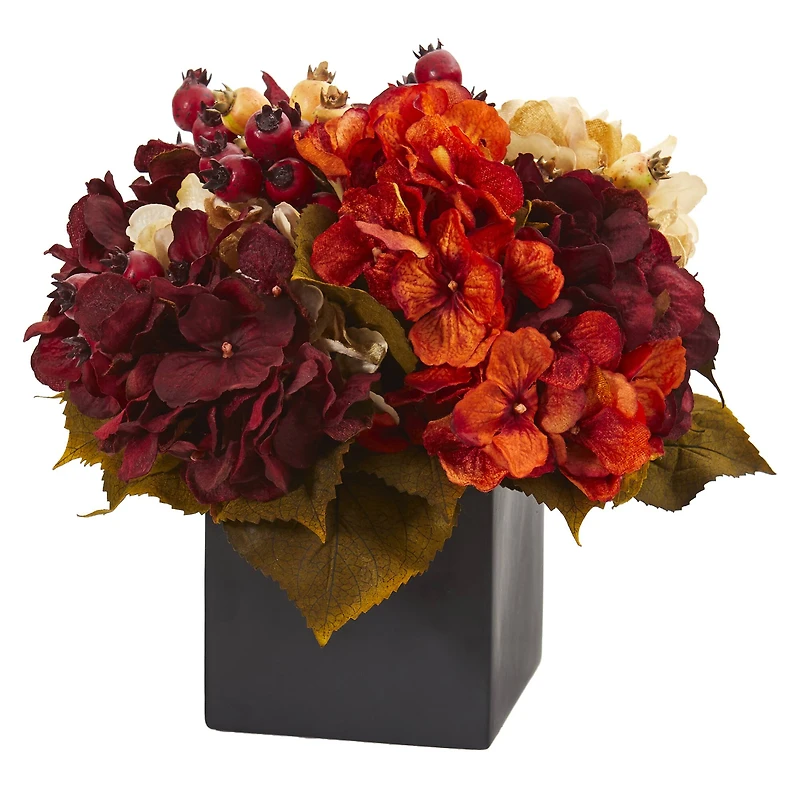 12in. Autumn Hydrangea Berry Arrangement in Black Vase