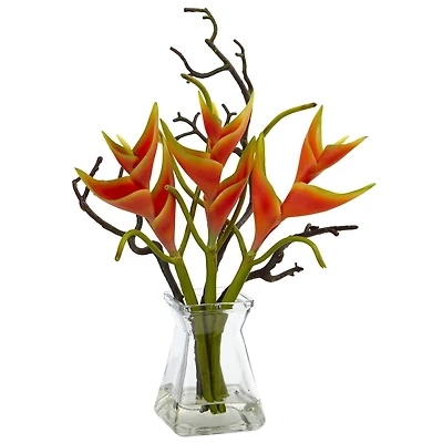17" Orange Heliconia Arrangement in Glass Vase