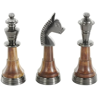 7" Silver Aluminum Metal Chess King, Queen, & Knight Sculpture with Mango Wood Center, 3ct.