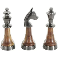 7" Silver Aluminum Metal Chess King, Queen, & Knight Sculpture with Mango Wood Center, 3ct.