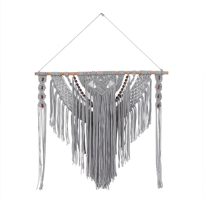 Gray Cotton Handmade Intricately Weaved Macrame Wall Decor with Beaded Fringe Tassels 36" x 1" x 46"