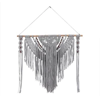 Gray Cotton Handmade Intricately Weaved Macrame Wall Decor with Beaded Fringe Tassels 36" x 1" x 46"