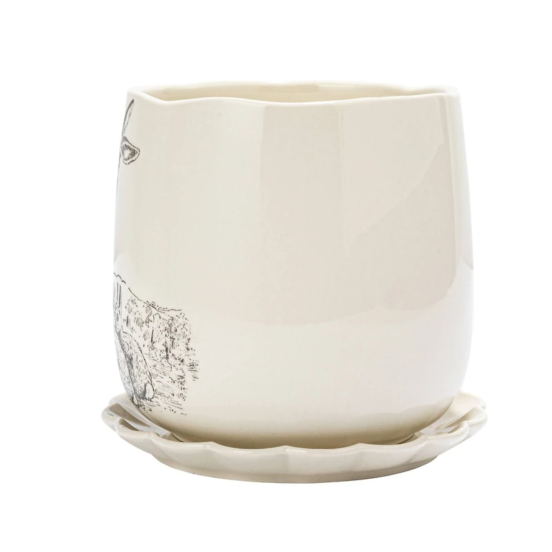 Hello Honey® 6.5" Round Rabbit Stoneware Planter & Scalloped Saucer