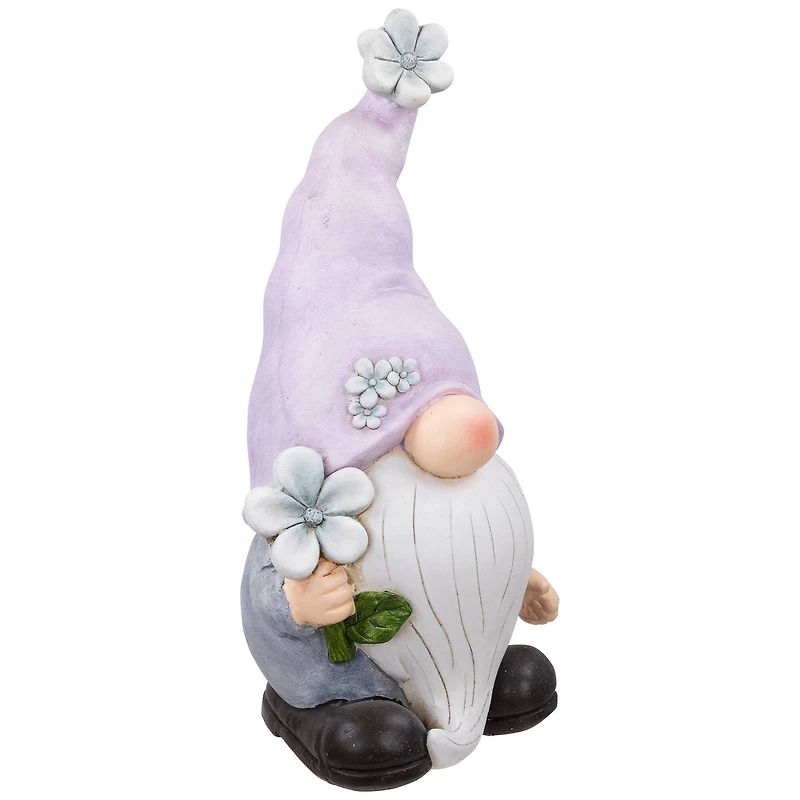 18" Gnome with Purple Hat & Flower Outdoor Garden Statue