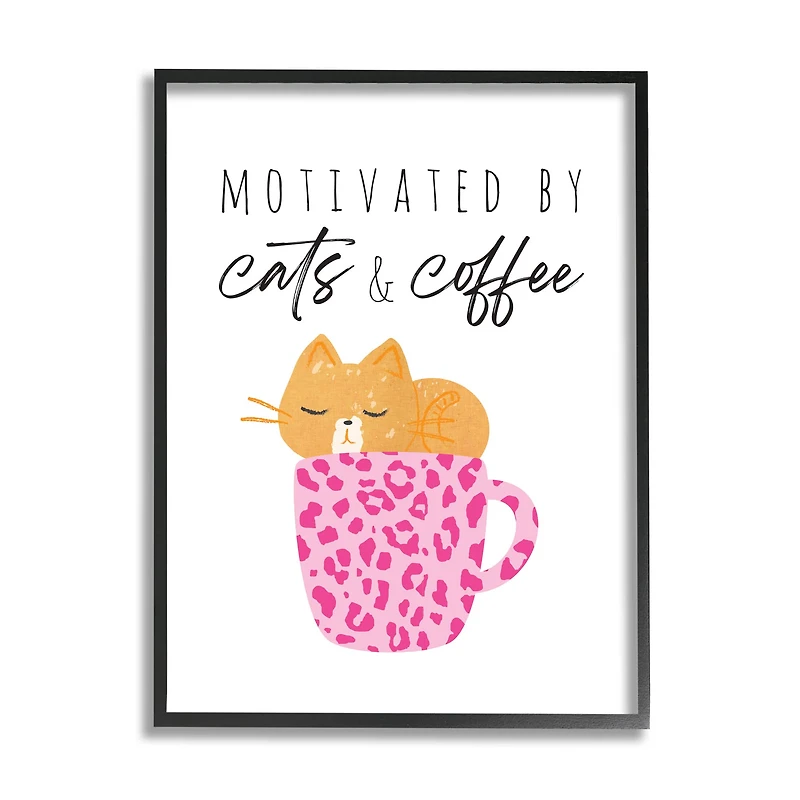 Stupell Industries Cats and Coffee Motivation Pink Cheetah Print Mug Framed Wall Art