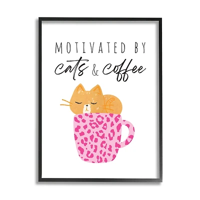 Stupell Industries Cats and Coffee Motivation Pink Cheetah Print Mug Framed Wall Art