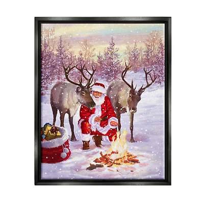 Stupell Industries Santa & Reindeer Bonfire Scene Framed Floater Canvas Wall Art