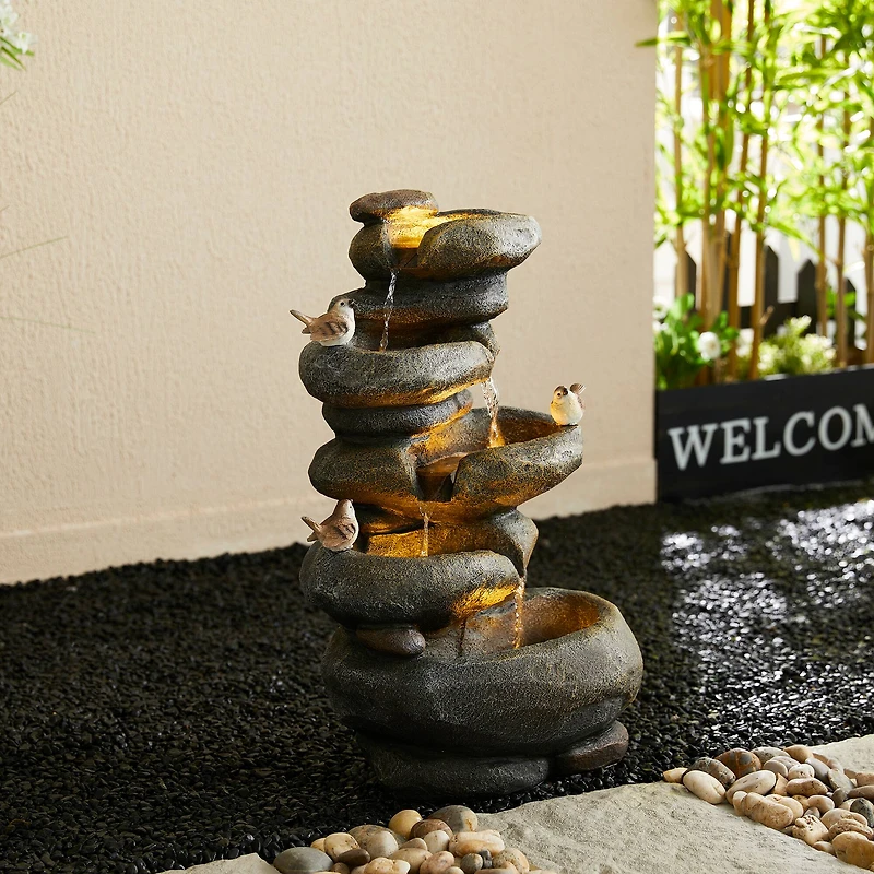 Glitzhome® 23" Natural LED 5-Tier Stacked Stone Outdoor Fountain