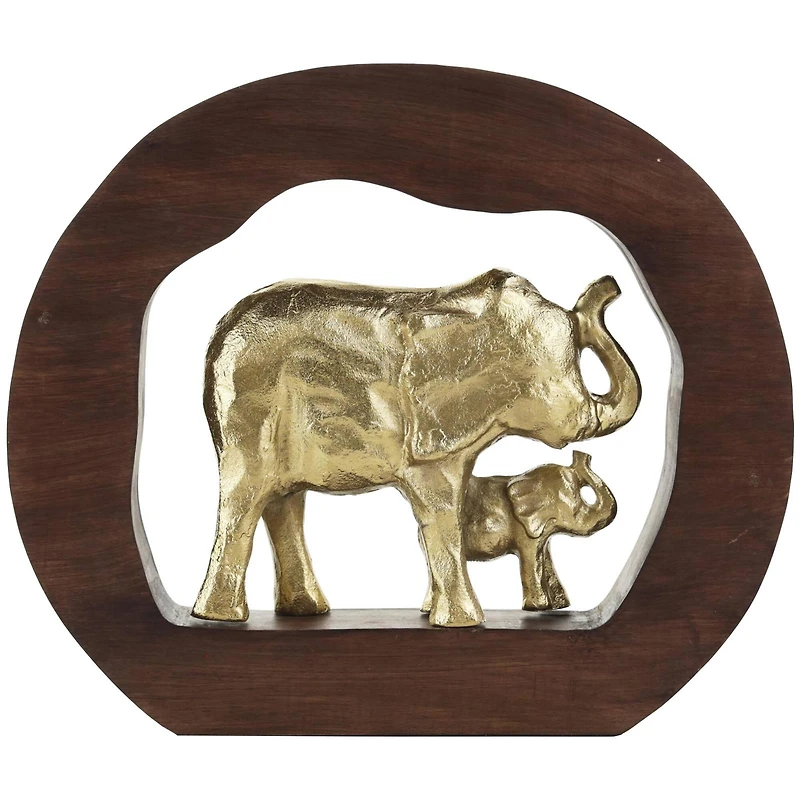 13.5" Gold Metal Elephant Sculpture with Brown Frame