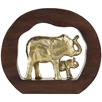 13.5" Gold Metal Elephant Sculpture with Brown Frame