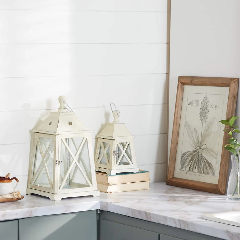 Set of 2" White Wood Coastal Lantern, 19", 12"