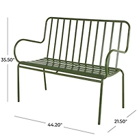 44.25" Green Metal Slatted Outdoor Bench with Curved Armrests