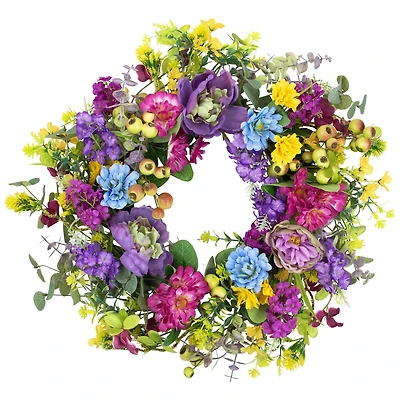 24" Multicolor Floral, Eucalyptus & Olive Spring Wreath