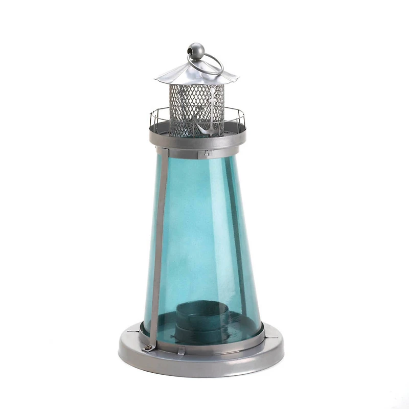 9.5" Silver Lighthouse with Blue Glass Candle Lantern