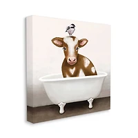 Stupell Industries Cow in Bathtub with Perched Bird Animals Canvas Wall Art