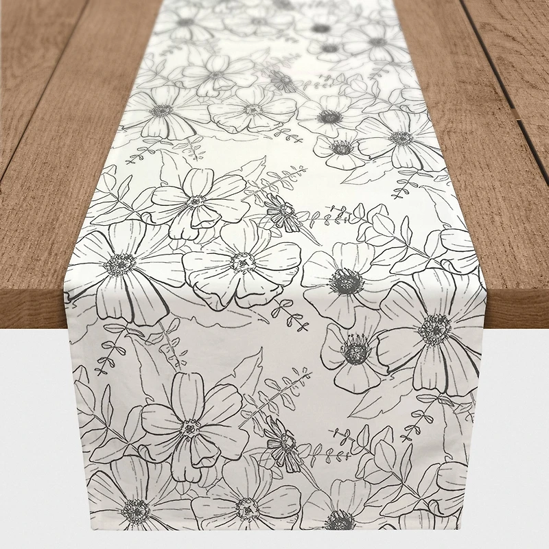 Hand Drawn Flowers Outdoor Table Runner