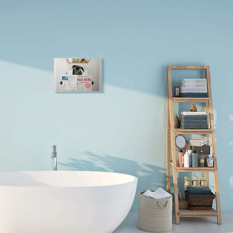 Stupell Industries Bathroom Pug Daily Toilet Briefing Dog Humor Wood Wall Plaque