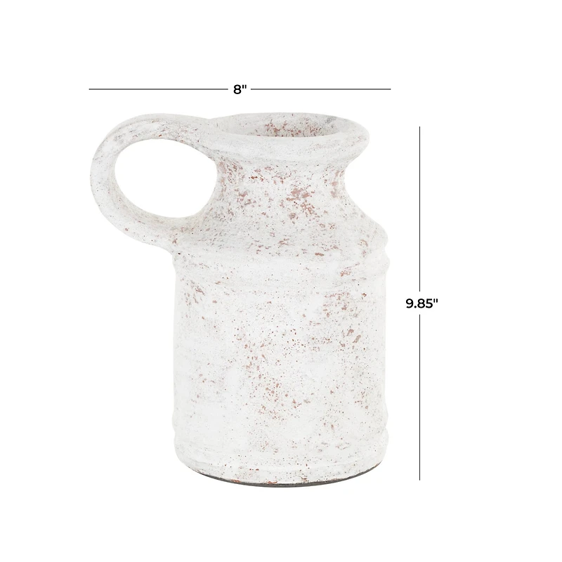 10" White Ceramic Antique Style Textured Vase with Terracotta Accents and Ring Handle