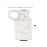 10" White Ceramic Antique Style Textured Vase with Terracotta Accents and Ring Handle