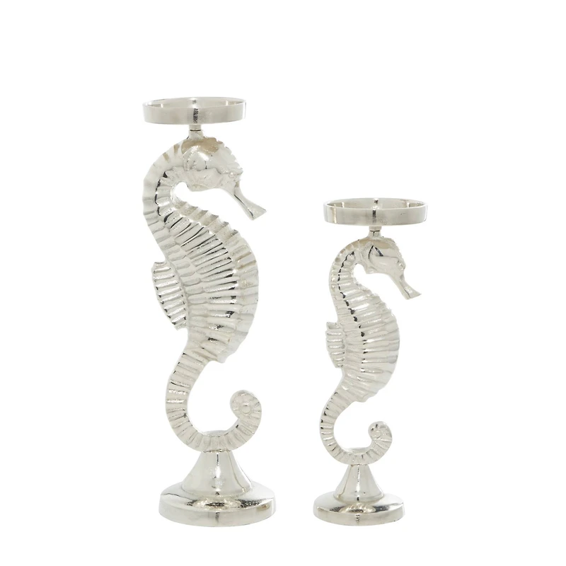 Silver Aluminum Coastal Seahorse Candle Holder Set
