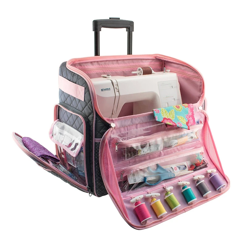 Everything Mary Quilted Pink & Gray Deluxe Rolling Sewing Machine Tote