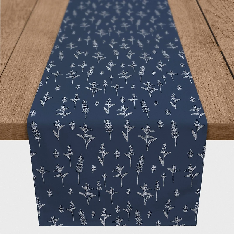 90" Navy Blue Botanical Pattern Cotton Twill Table Runner