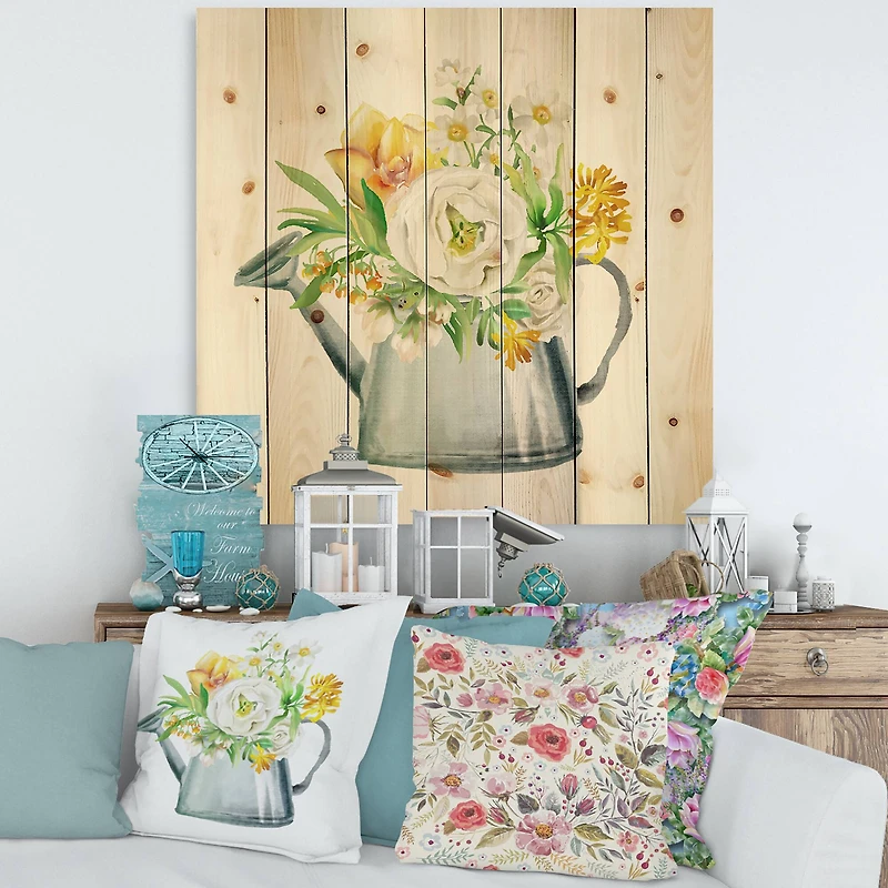 Designart - Roses Peonies & Marigolds In Garden Watering Can