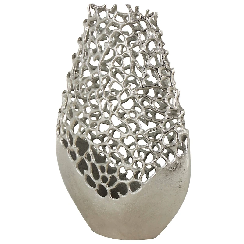 21" Silver Aluminum Metal Rounded Vase with Freeform Open Lattice Work