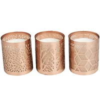 White Wax Campfire Scented Candle with Geometric Copper Containers, 3ct.