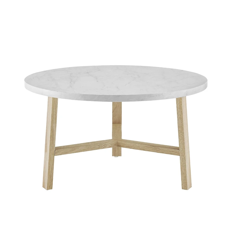 Faux White Marble & Light Oak Mid Century Modern Round Coffee Table