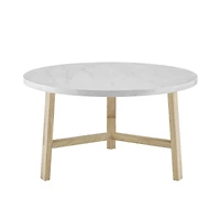 Faux White Marble & Light Oak Mid Century Modern Round Coffee Table