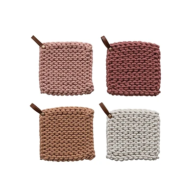 Hello Honey® Solid Color Cotton Crocheted Pot Holder with Leather Loop Handle Set