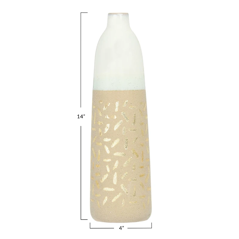 Hello Honey® 14" Cream Stoneware Vase with Gold Pattern
