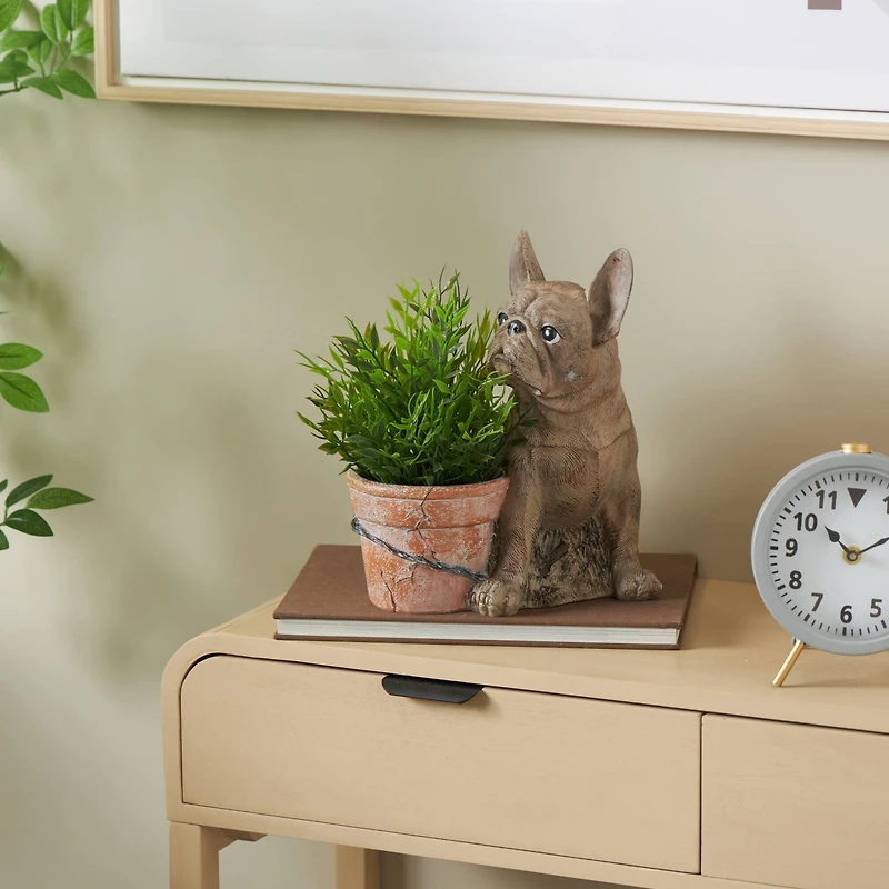11" Textured Brown Dog Planter with Antique Pot