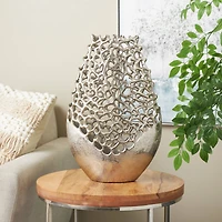 21" Silver Aluminum Metal Rounded Vase with Freeform Open Lattice Work