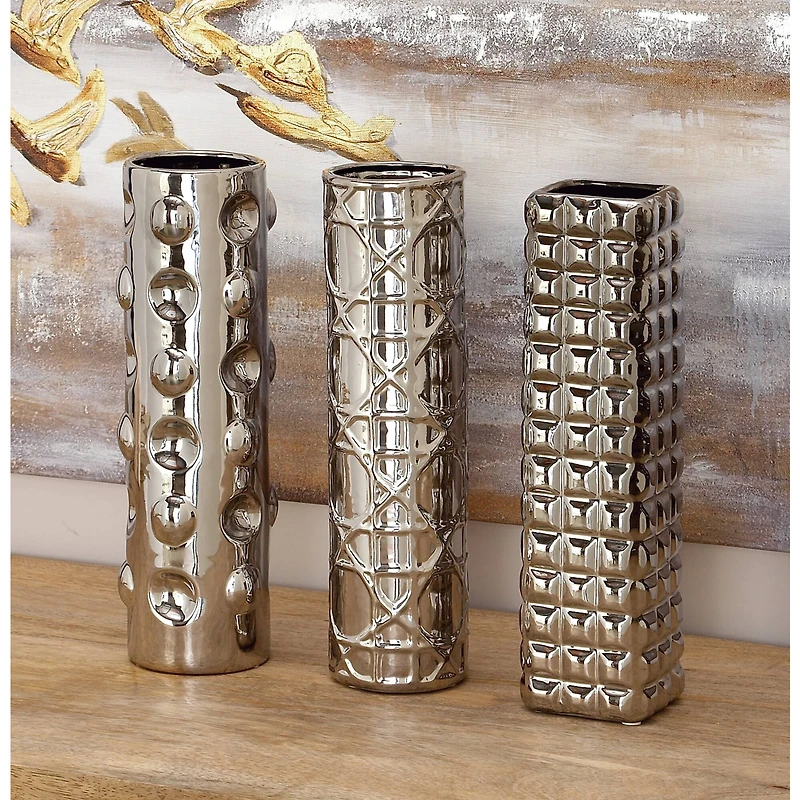 12" Silver Ceramic Glam Vase Set