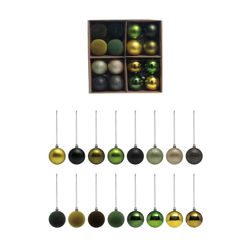 Hello Honey® 10" Green Flocked, Glitter, Matte & Pearlized Plastic Ball Ornaments Box Set