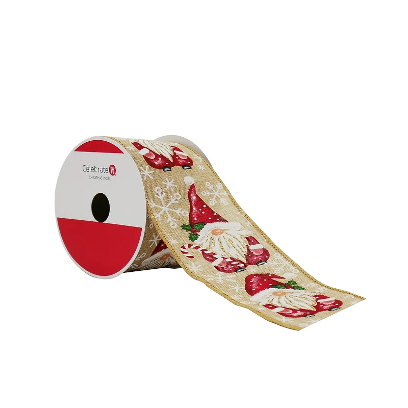 2.5" x 20ft. Santa Gnomes Wired Faux Linen Ribbon by Celebrate It®