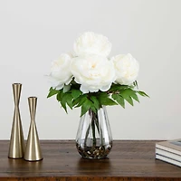 16" White Peony Arrangement in Glass Vase