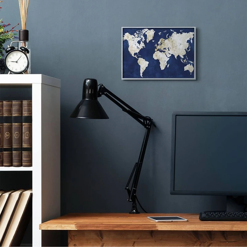 Stupell Industries Navy and Distressed Gold World Map Framed Wall Art