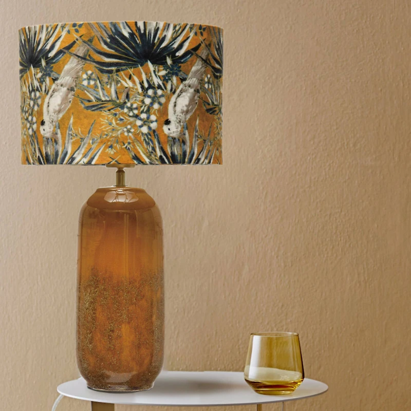 Hello Honey® 21" Reactive Glaze Stoneware Table Lamp with Cockatoo Print Velvet Shade and Inline Switch