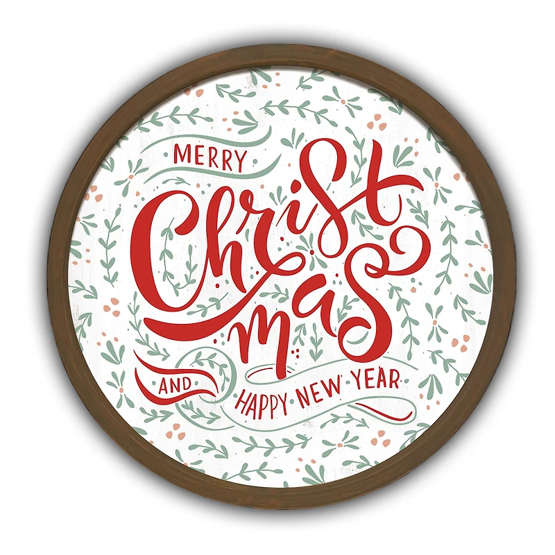 Faded Merry Christmas & Happy New Year Round Wall Art in Brown Frame