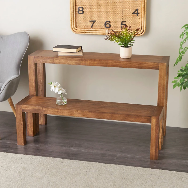Brown Wood Console Table with Bench