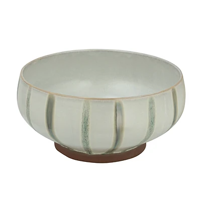 Hello Honey® 10" Cream & Green Reactive Glaze Stripes Hand-Painted Stoneware Bowl