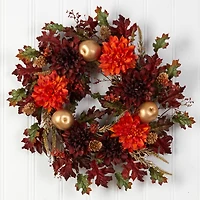 24" Fall Dahlia, Golden Apple, Oak Leaf & Berries Autumn Artificial Wreath