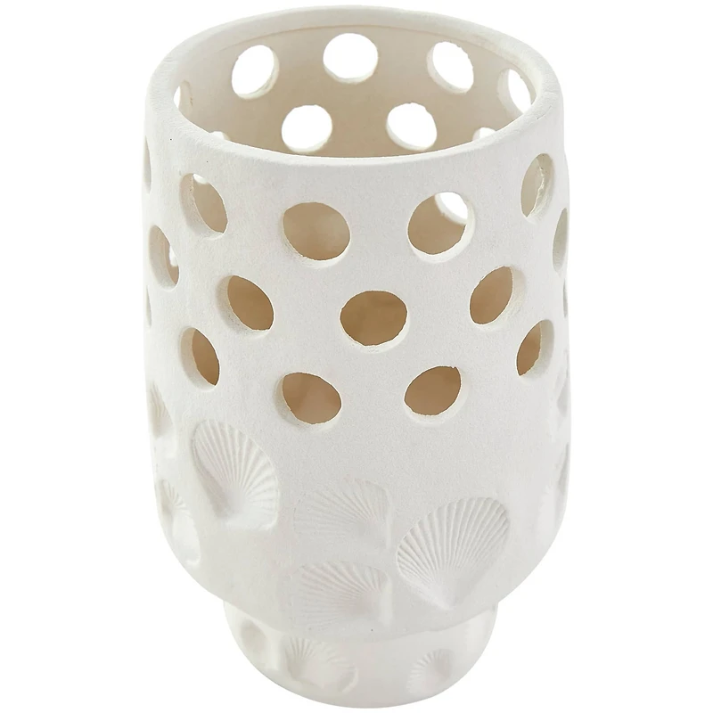 10" White Ceramic Shell Vase with Circular Cutouts