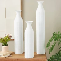 White Ribbed Floor Metal Vase Set