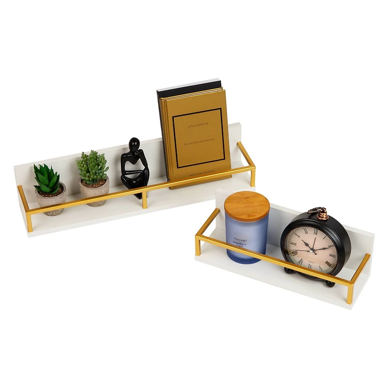 Mind Reader Floating Shelves, Wall-Mounted Office Organizers, Modern MDF Display Storage with Metal Rail, Metal. MDF, Set of 2, White