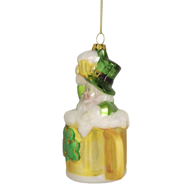 5" Luck of the Irish Leprechaun and Gold Beer Mug Glass Ornament